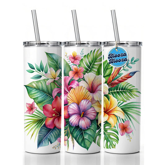 Tropical Flowers Watercolor Design Skinny Tumbler 20oz with Straw Insulated Water Bottle Gift