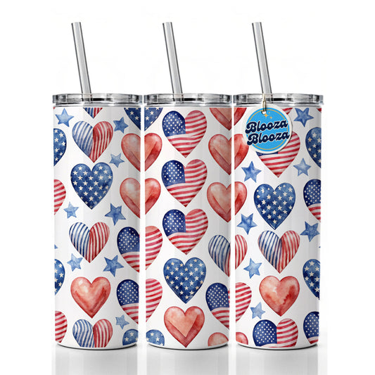 USA American Flags Hearts 4th of July Patriotic Watercolor Skinny Tumbler 20oz with Straw Insulated Water Bottle Gift