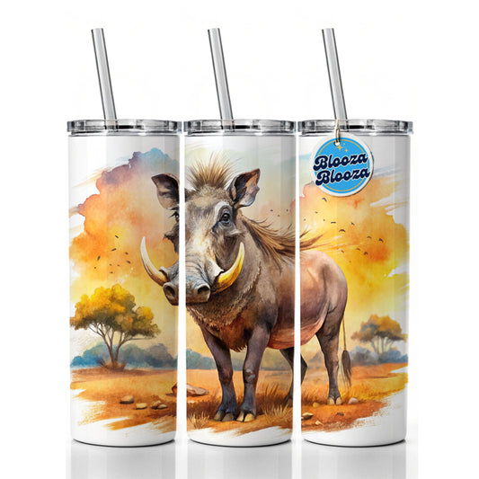 Warthog African Plain Watercolor Design Skinny Tumbler 20oz with Straw Insulated Water Bottle Gift