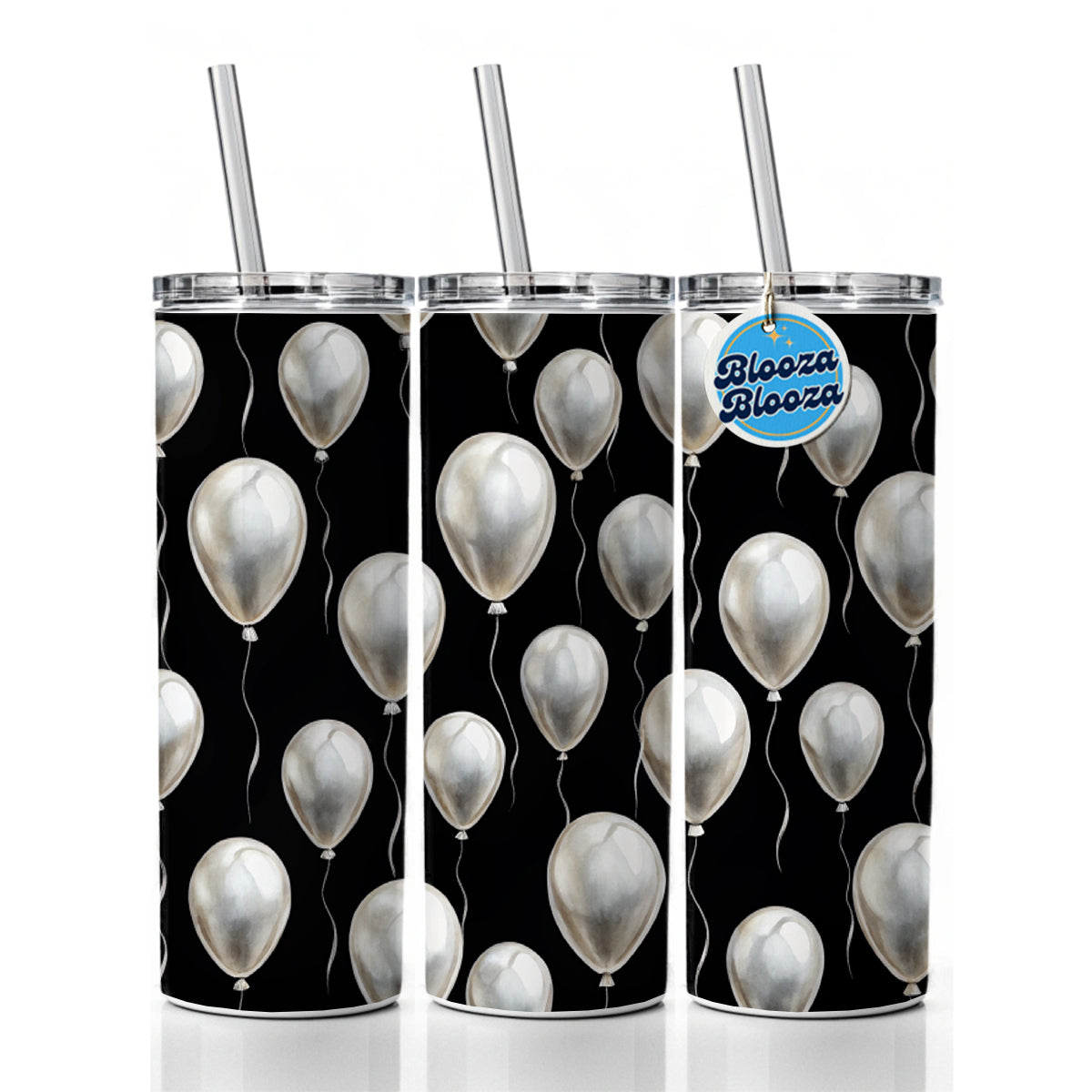 White Balloons Black Background Birthday Skinny Tumbler 20oz with Straw Insulated Water Bottle Gift