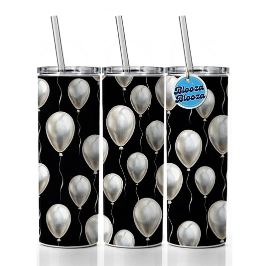 White Balloons Black Background Birthday Skinny Tumbler 20oz with Straw Insulated Water Bottle Gift