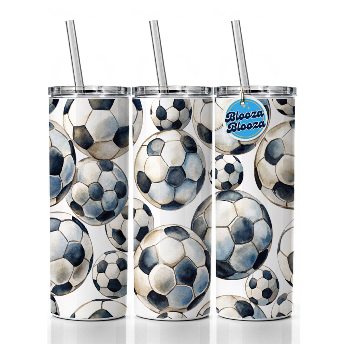 White Black Soccer Balls Watercolor Skinny Tumbler 20oz with Straw Insulated Water Bottle Gift