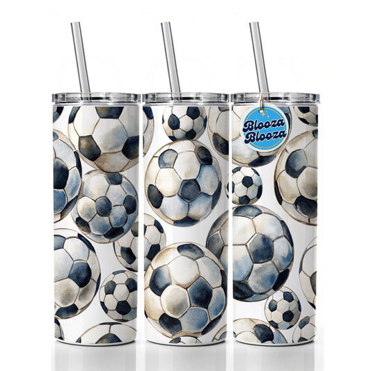 White Black Soccer Balls Watercolor Skinny Tumbler 20oz with Straw Insulated Water Bottle Gift