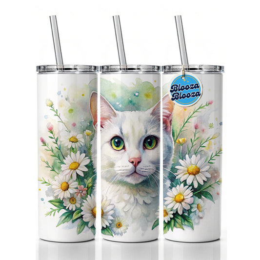 White Cat Watercolor Design With Daisies Skinny Tumbler 20oz with Straw Insulated Water Bottle Gift