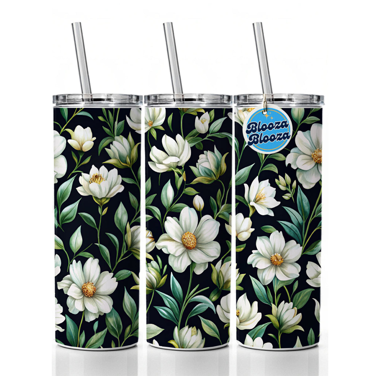 White Flowers Black Background Skinny Tumbler 20oz with Straw Insulated Water Bottle Gift