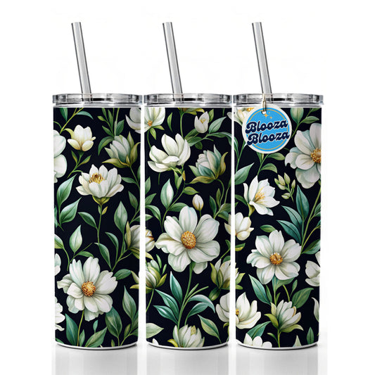 White Flowers Black Background Skinny Tumbler 20oz with Straw Insulated Water Bottle Gift