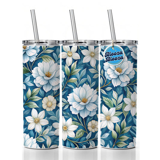 White Flowers Blue Background Skinny Tumbler 20oz with Straw Insulated Water Bottle Gift