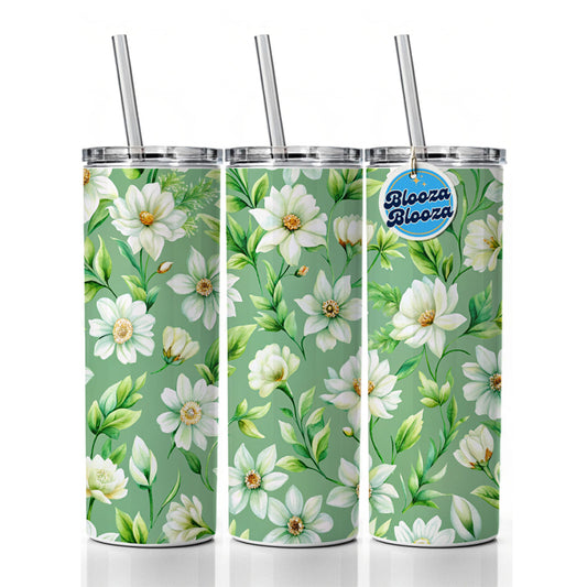 White Flowers Green Background Skinny Tumbler 20oz with Straw Insulated Water Bottle Gift