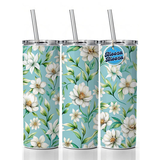 White Flowers Light Blue Background Skinny Tumbler 20oz with Straw Insulated Water Bottle Gift