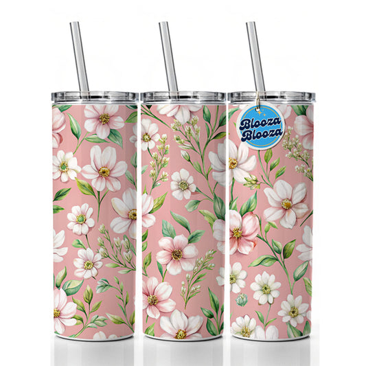 White Flowers Pink Background Skinny Tumbler 20oz with Straw Insulated Water Bottle Gift