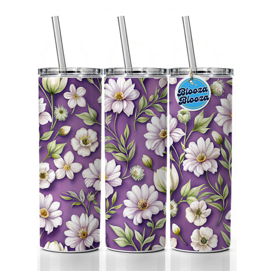 White Flowers Purple Background Skinny Tumbler 20oz with Straw Insulated Water Bottle Gift
