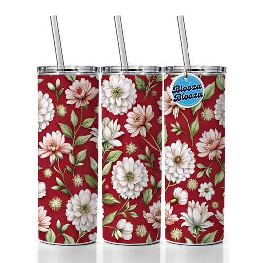 White Flowers Red Background Skinny Tumbler 20oz with Straw Insulated Water Bottle Gift