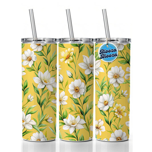 White Flowers Yellow Background Skinny Tumbler 20oz with Straw Insulated Water Bottle Gift