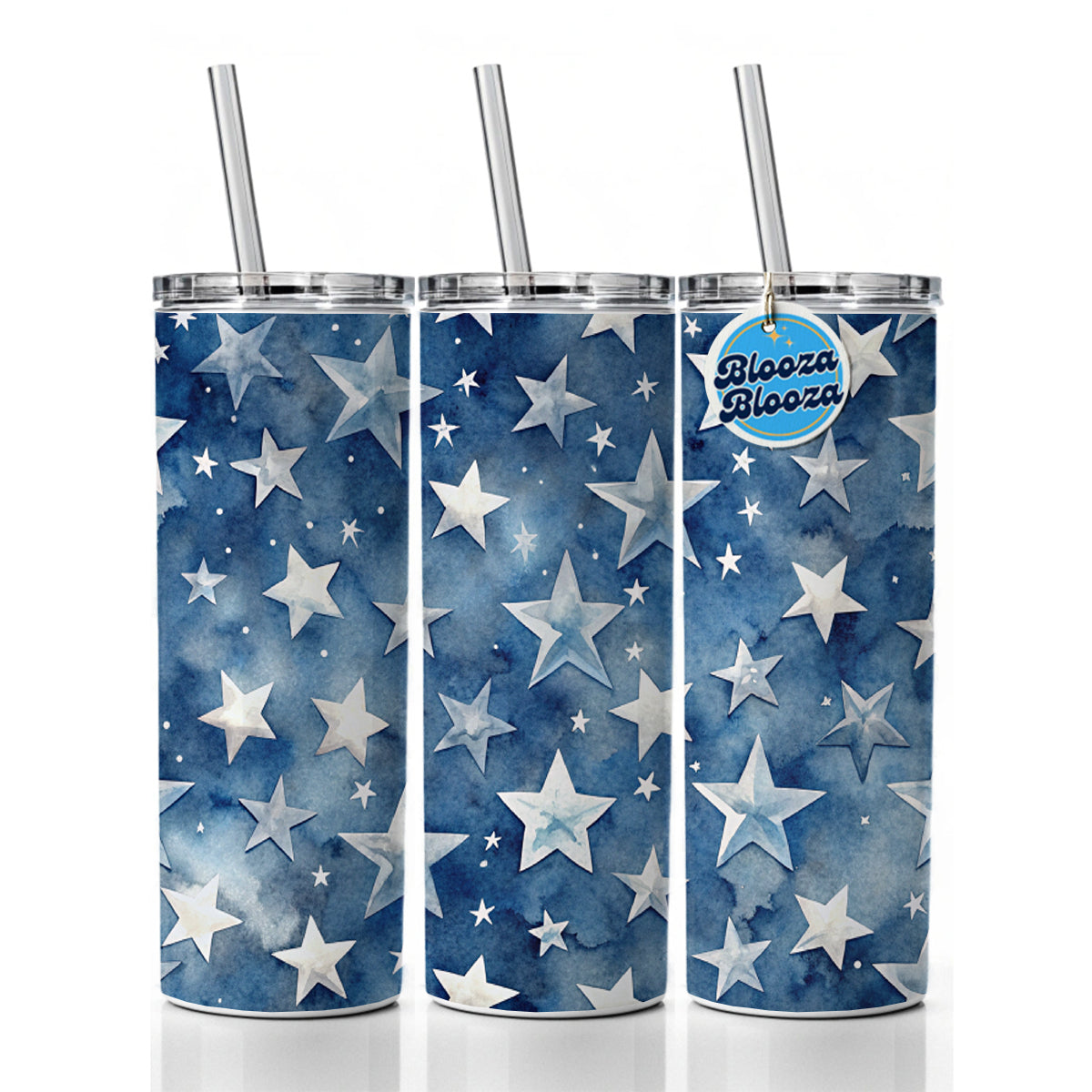White Stars Blue Background Watercolor Skinny Tumbler 20oz with Straw Insulated Water Bottle Gift