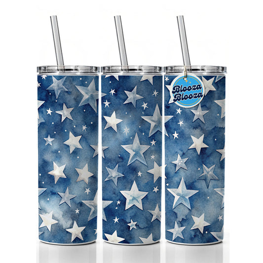 White Stars Blue Background Watercolor Skinny Tumbler 20oz with Straw Insulated Water Bottle Gift
