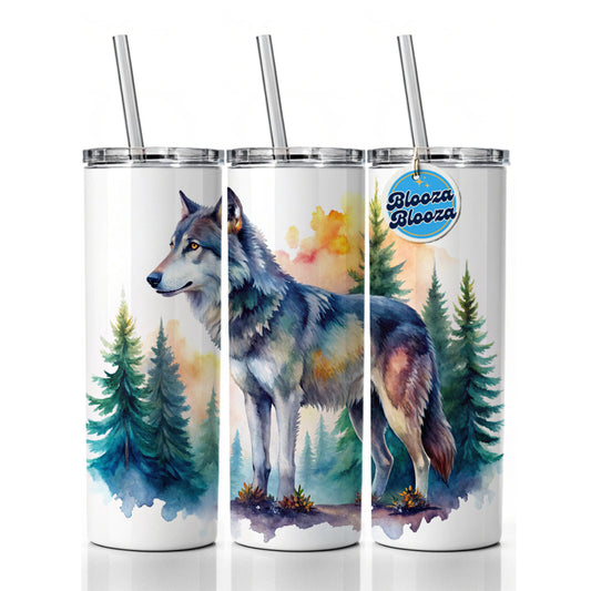 Wolf In Forest Watercolor Design Skinny Tumbler 20oz with Straw Insulated Water Bottle Gift
