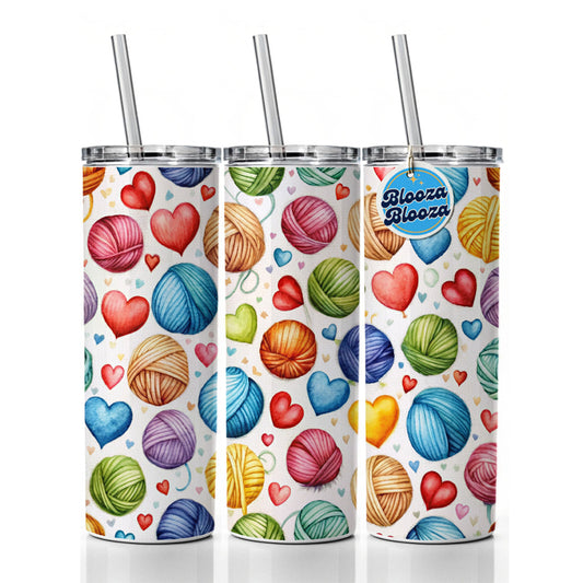 Yarn Knitting Crochet Balls Hearts Watercolor Skinny Tumbler 20oz with Straw Insulated Water Bottle Gift