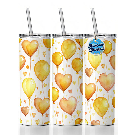 Yellow Balloons Hearts Watercolor Skinny Tumbler 20oz with Straw Insulated Water Bottle Gift