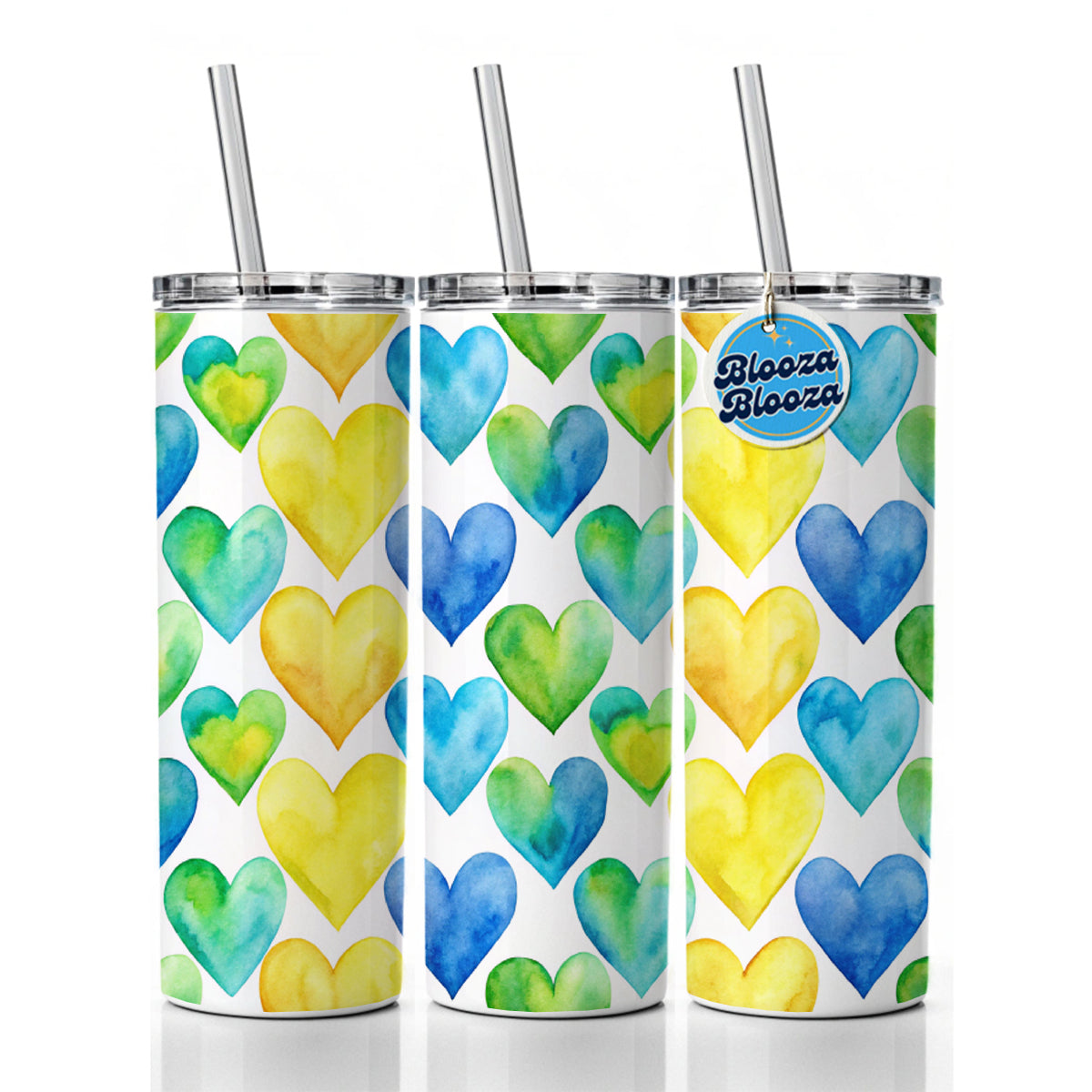 Yellow Blue Green Hearts Watercolor Skinny Tumbler 20oz with Straw Insulated Water Bottle Gift