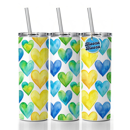 Yellow Blue Green Hearts Watercolor Skinny Tumbler 20oz with Straw Insulated Water Bottle Gift