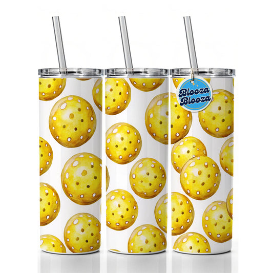 Yellow Pickleballs Watercolor Skinny Tumbler 20oz with Straw Insulated Water Bottle Gift