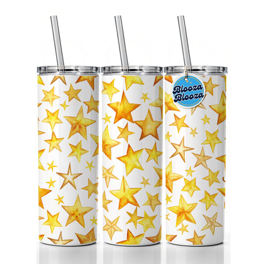 Yellow Stars Watercolor Skinny Tumbler 20oz with Straw Insulated Water Bottle Gift