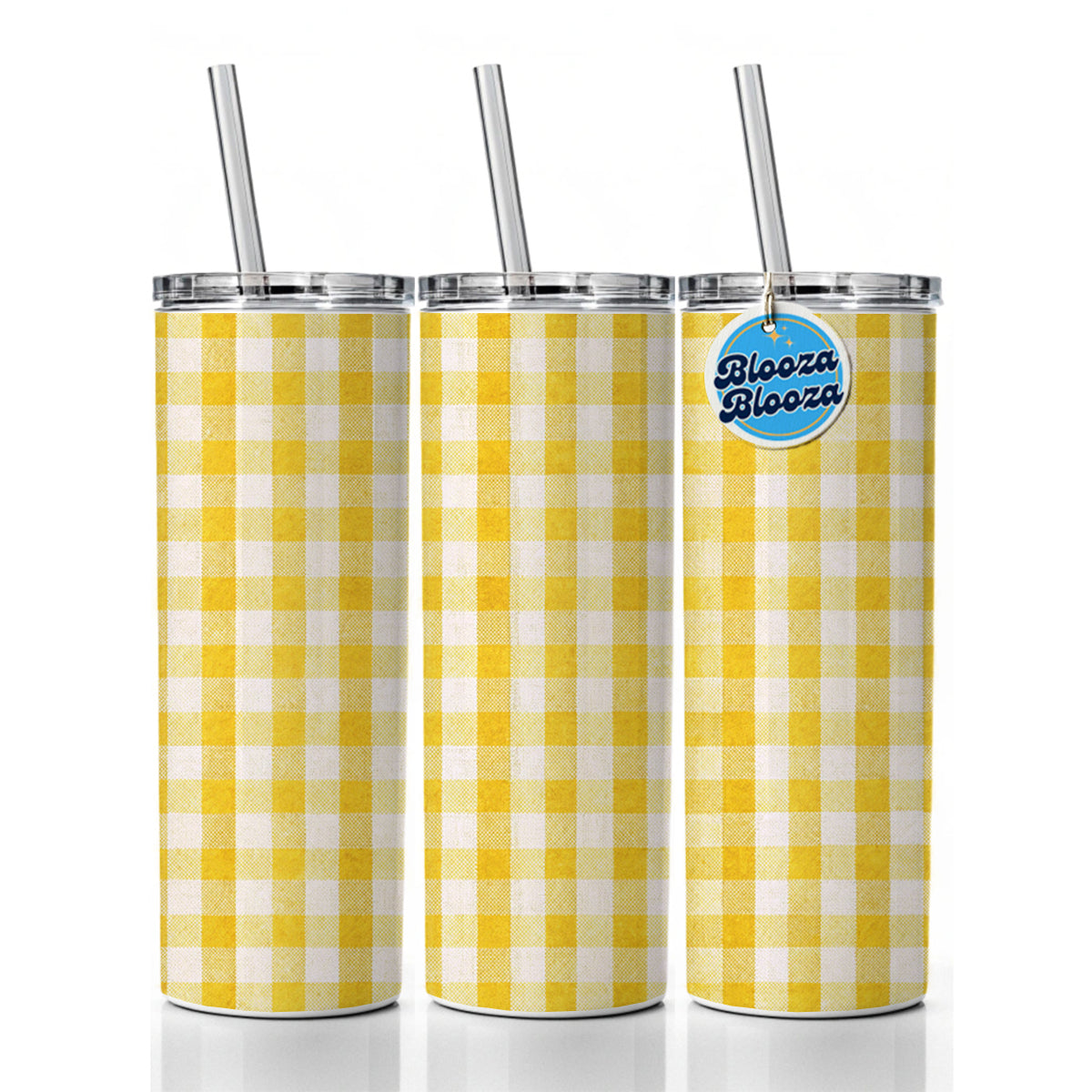 Yellow White Gingham Watercolor Skinny Tumbler 20oz with Straw Insulated Water Bottle Gift