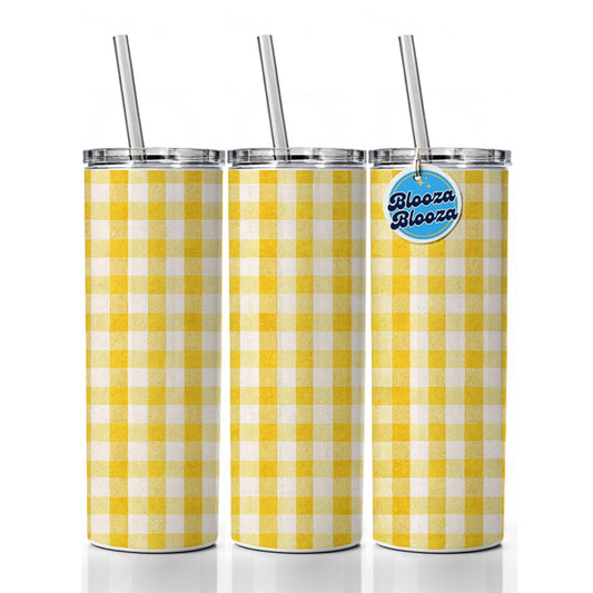 Yellow White Gingham Watercolor Skinny Tumbler 20oz with Straw Insulated Water Bottle Gift