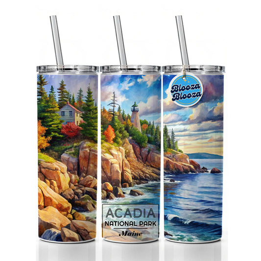 Acadia National Park Maine Watercolor Skinny Tumbler 20oz with Straw Insulated Water Bottle Gift