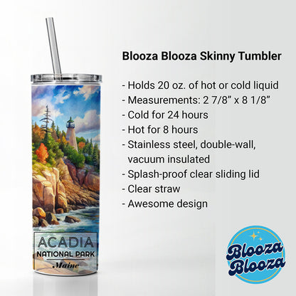 Acadia National Park Maine Watercolor Skinny Tumbler 20oz with Straw Insulated Water Bottle Gift