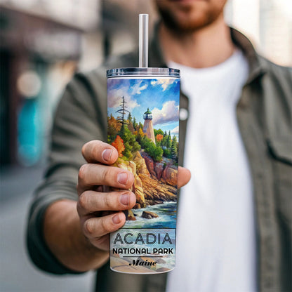 Acadia National Park Maine Watercolor Skinny Tumbler 20oz with Straw Insulated Water Bottle Gift