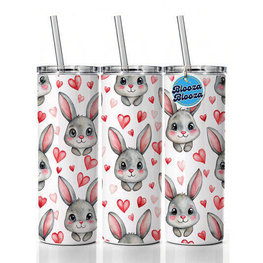 Adorable Gray Bunnies And Hearts Skinny Tumbler 20oz with Straw Insulated Water Bottle Gift