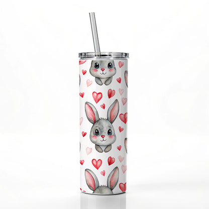 Adorable Gray Bunnies And Hearts Skinny Tumbler 20oz with Straw Insulated Water Bottle Gift