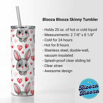 Adorable Gray Bunnies And Hearts Skinny Tumbler 20oz with Straw Insulated Water Bottle Gift