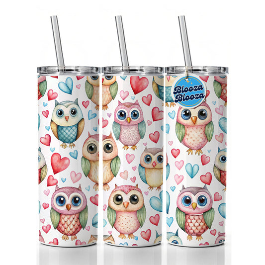 Adorable Owls And Hearts Skinny Tumbler 20oz with Straw Insulated Water Bottle Gift