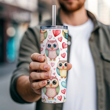 Adorable Owls And Hearts Skinny Tumbler 20oz with Straw Insulated Water Bottle Gift