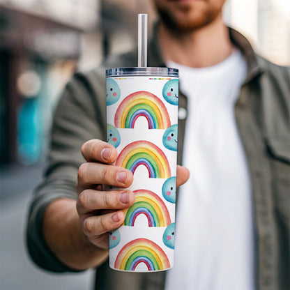 Adorable Smiling Rainbows Clouds Skinny Tumbler 20oz with Straw Insulated Water Bottle Gift