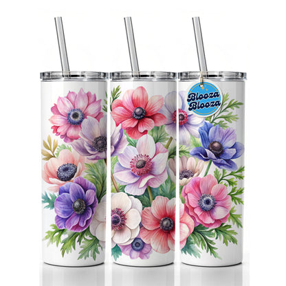Anemone Flowers Watercolor Skinny Tumbler 20oz with Straw Insulated Water Bottle Gift