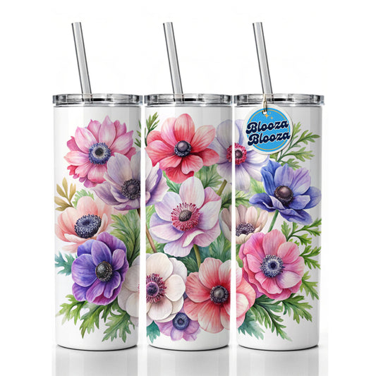 Anemone Flowers Watercolor Skinny Tumbler 20oz with Straw Insulated Water Bottle Gift
