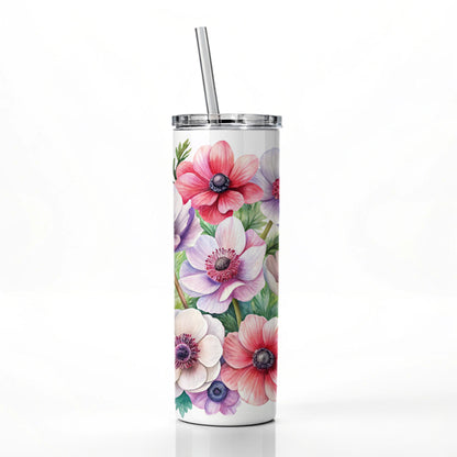 Anemone Flowers Watercolor Skinny Tumbler 20oz with Straw Insulated Water Bottle Gift
