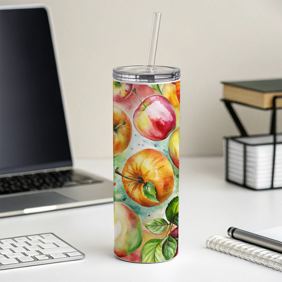 Apples Fruit Watercolor Skinny Tumbler 20oz with Straw Insulated Water Bottle Gift