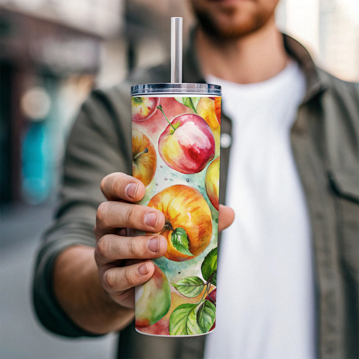 Apples Fruit Watercolor Skinny Tumbler 20oz with Straw Insulated Water Bottle Gift