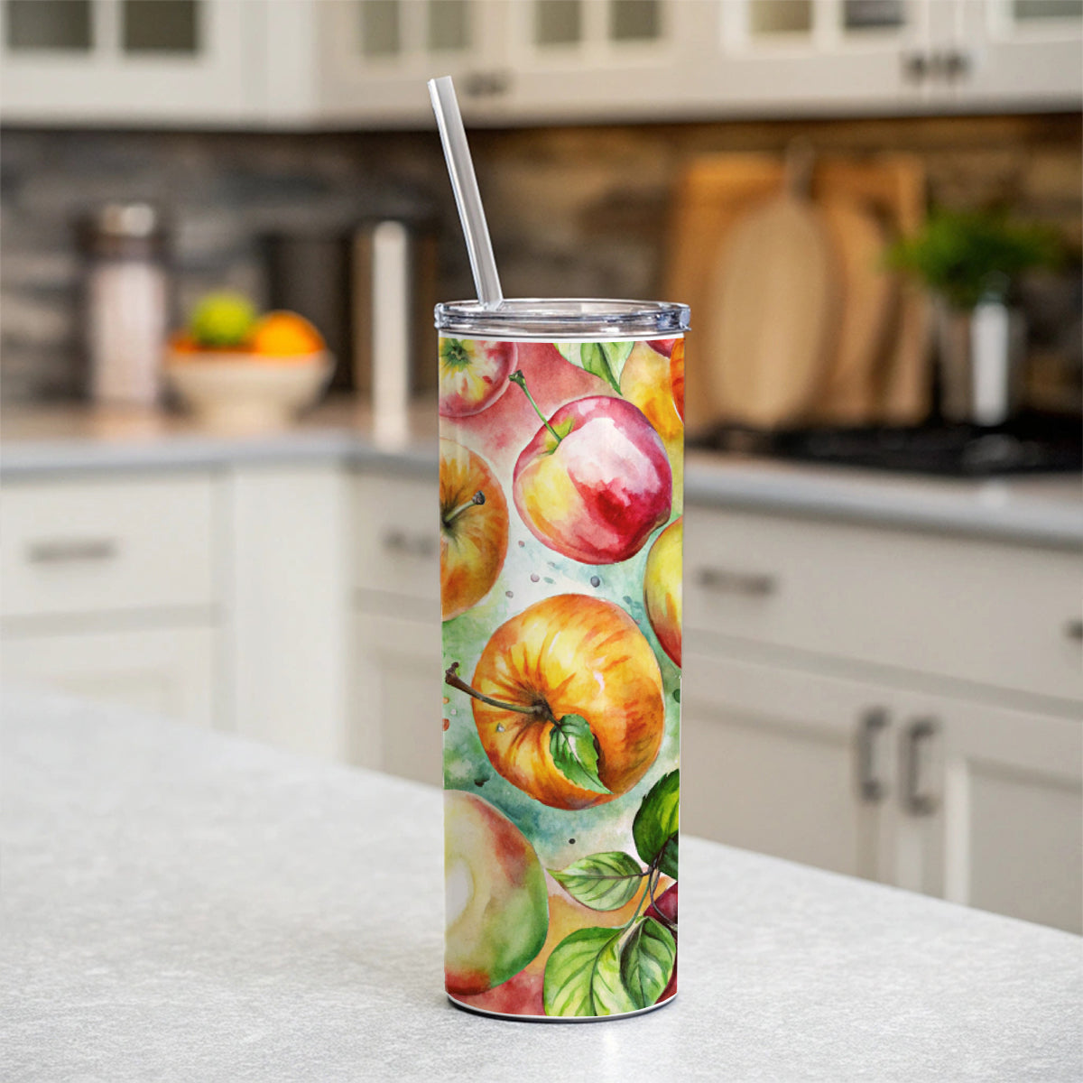 Apples Fruit Watercolor Skinny Tumbler 20oz with Straw Insulated Water Bottle Gift