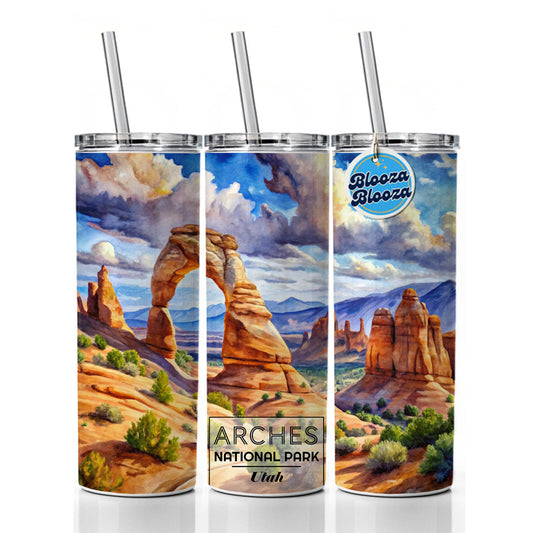 Arches National Park Utah Watercolor Skinny Tumbler 20oz with Straw Insulated Water Bottle Gift