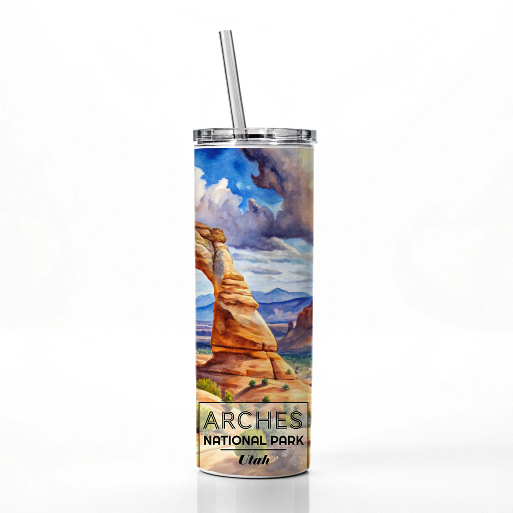Arches National Park Utah Watercolor Skinny Tumbler 20oz with Straw Insulated Water Bottle Gift