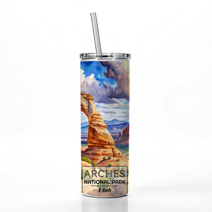 Arches National Park Utah Watercolor Skinny Tumbler 20oz with Straw Insulated Water Bottle Gift