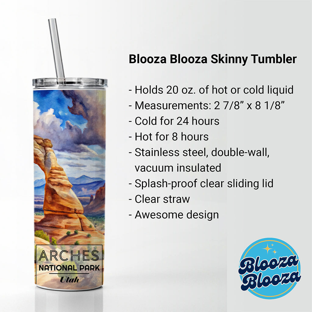Arches National Park Utah Watercolor Skinny Tumbler 20oz with Straw Insulated Water Bottle Gift