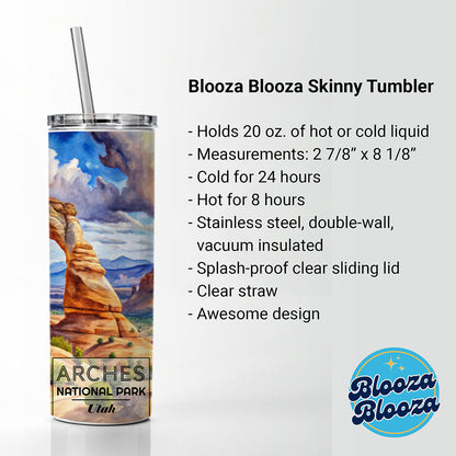 Arches National Park Utah Watercolor Skinny Tumbler 20oz with Straw Insulated Water Bottle Gift