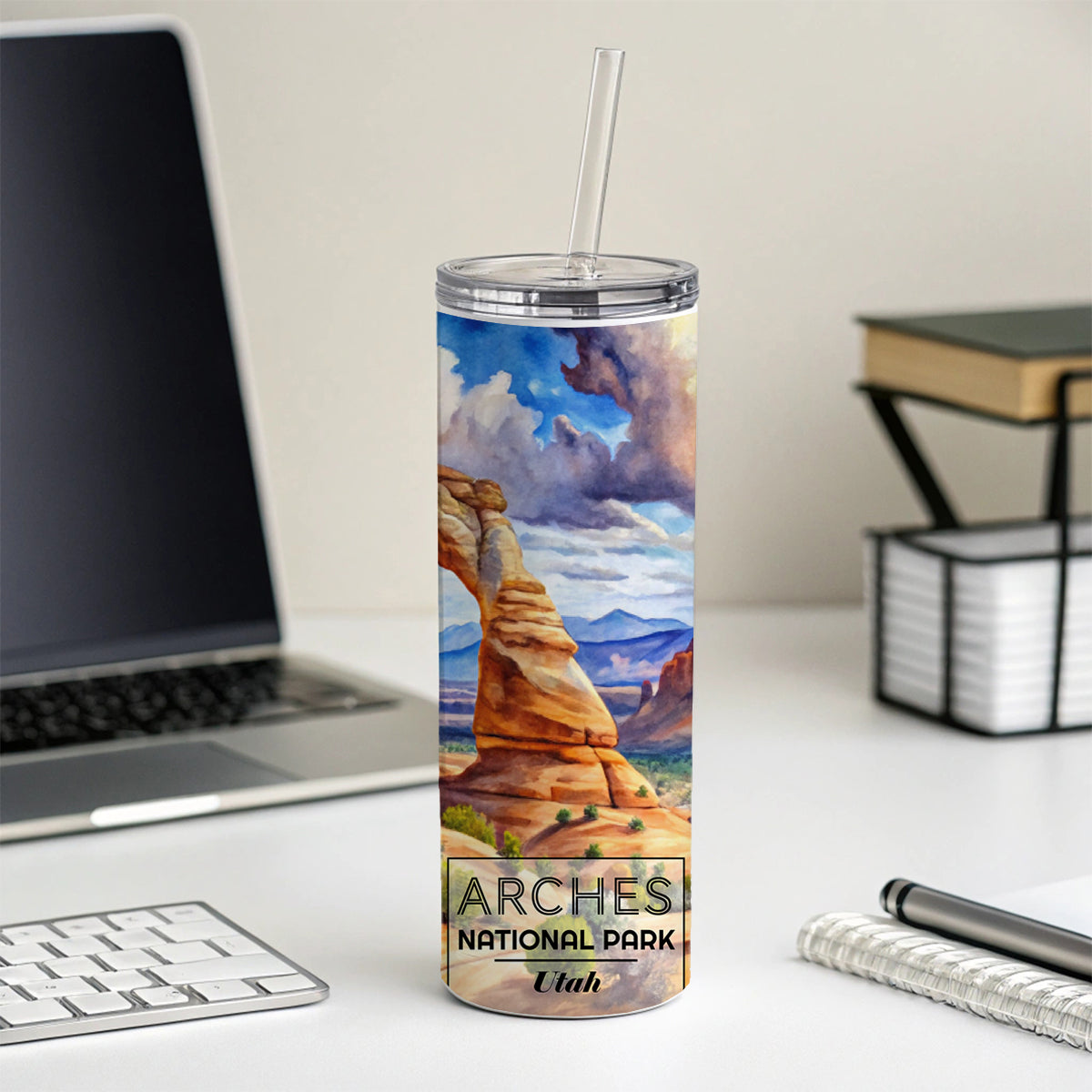 Arches National Park Utah Watercolor Skinny Tumbler 20oz with Straw Insulated Water Bottle Gift