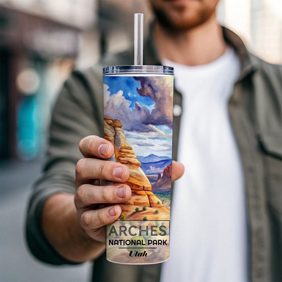 Arches National Park Utah Watercolor Skinny Tumbler 20oz with Straw Insulated Water Bottle Gift